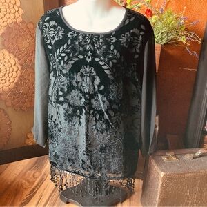 Chico's Size XL Black Velvet Burnout Crochet Fringe Accent Top